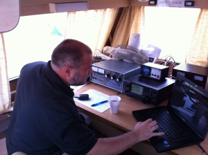 Dave, M0TAZ, operates HF from inside the club caravan